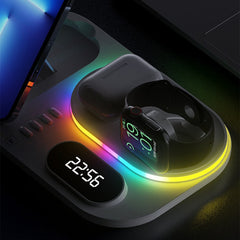 15W 4-in-1 Wireless Charger with Clock & RGB Lights for iPhone, Samsung, AirPods, Apple Watch