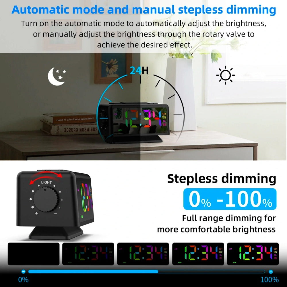 RGB Digital Alarm Clock with FM Radio, Dual Alarms, Snooze, Dynamic Display, 12/24H, Date, USB Charging - Ideal for Home & Office