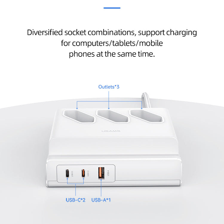 6-in-1 USB Power Strip: 65W PD Charger, 3 AC Outlets, Dual USB-C, QC3.0