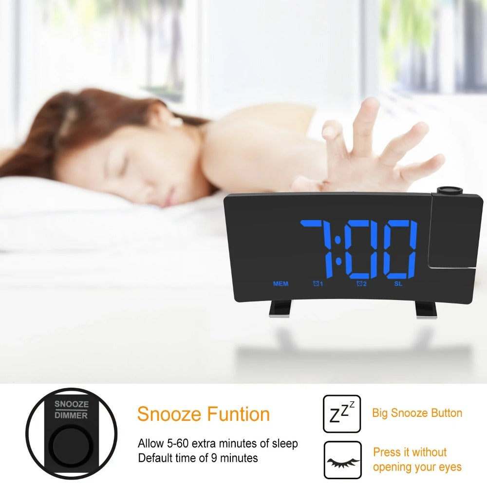 8" Projection Alarm Clock: 180° Projector, FM Radio, USB Charger, Adjustable Brightness, LED Display - for Bedroom/Living Room