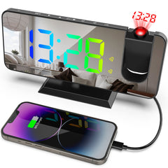 RGB LED Projection Alarm Clock: 180° Projector, 11 Colors, Mirror Surface, USB Charger, Adjustable Brightness - Bedroom/Living Room