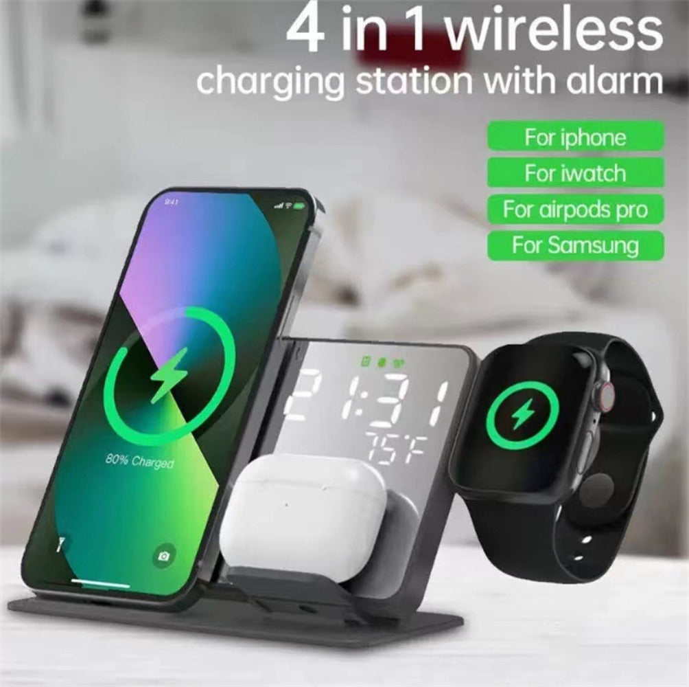 15W Fast Wireless Charger & Alarm Clock for iPhone, Samsung, Hui, Apple Watch, AirPods