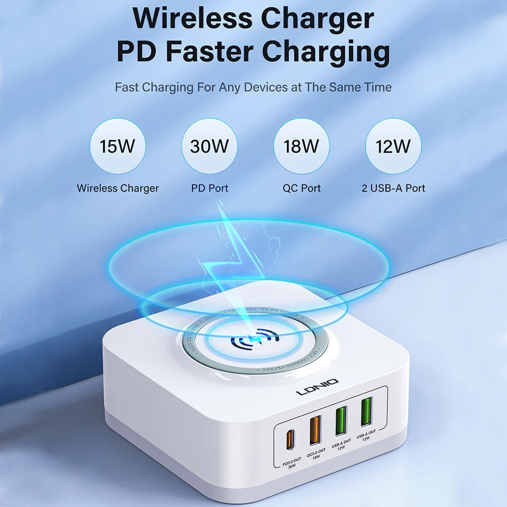 Fast Wireless Charger Pad 15W/10W/7.5W/5W + 4-Port USB Charger 30W PD3.0/QC3.0 for iPhone, Samsung, Hui, Xiaomi