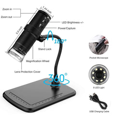 50X-1000X Wireless Digital Microscope Handheld USB HD Inspection Camera with Flexible Stand for Phone PC