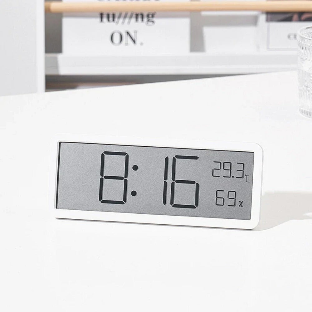 LCD Digital Wall Clock with Temperature, Humidity, and Time Display - Battery Powered Desktop Clock