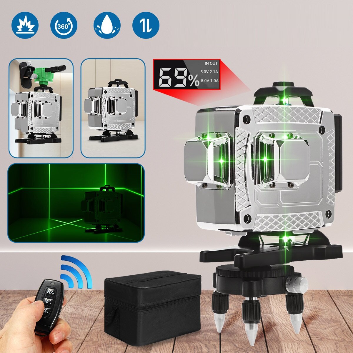 12/16 Lines 4D Green Light Laser Level Auto Self Leveling Cross 360 Rotary Measuring