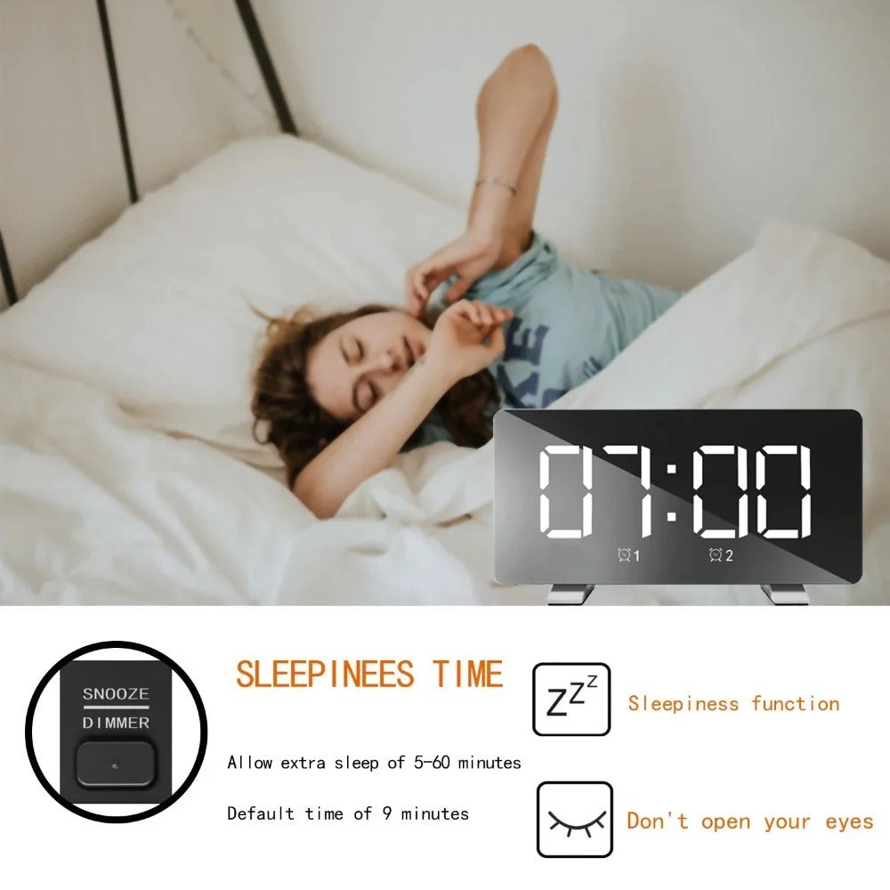 LED Digital Alarm Clock with Mirror, USB Charging, Adjustable Brightness, 10 Music Options, and Memory Function