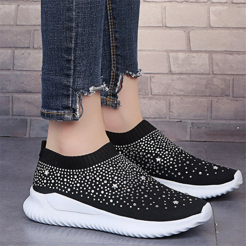 WoMen Crystal Mesh Sneakers Glitter Casual Slip On Loafers Outdoor Leisure Running Sport Shoes