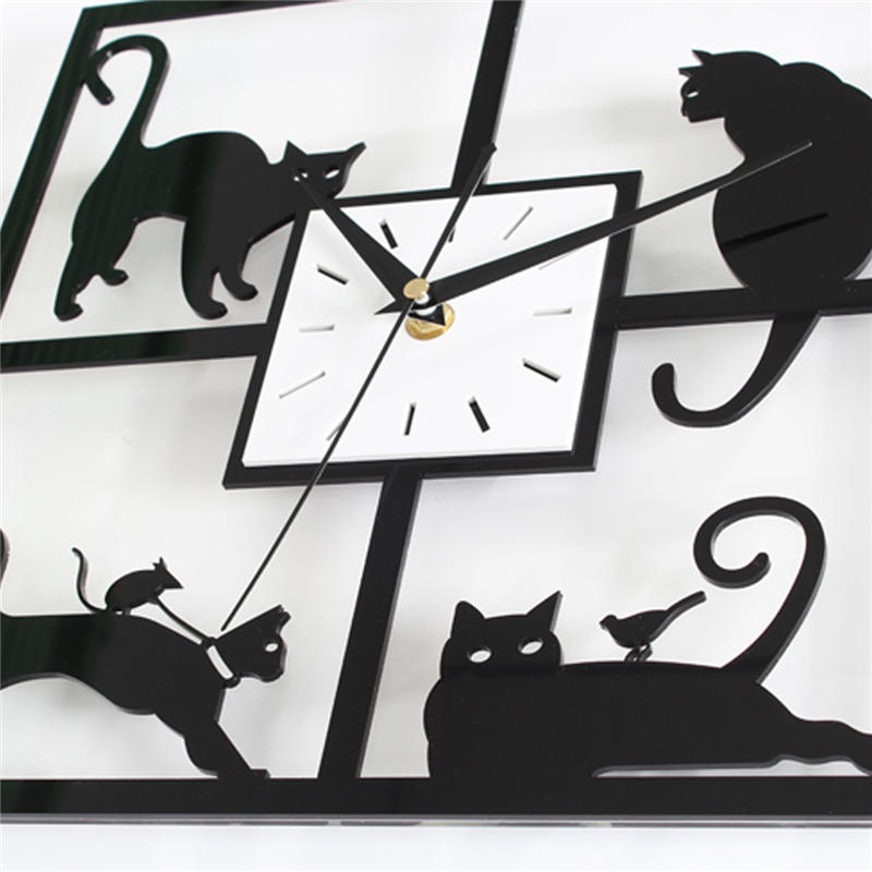 Four Cat Pattern Acrylic Wall Clock Black Quartz Bedroom Living Room