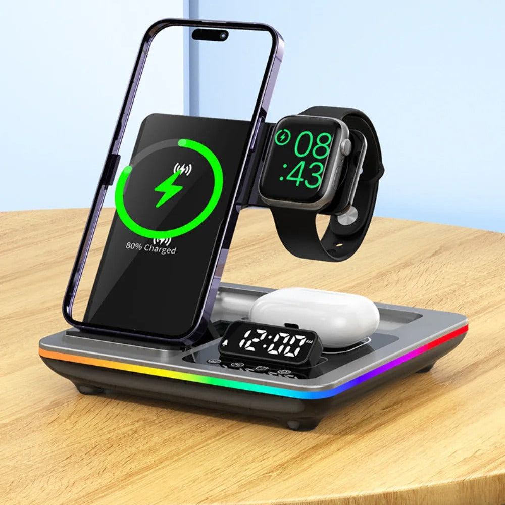 5-in-1 15W RGB Wireless Charger with Alarm Clock for iPhone, Xiaomi, Hui, AirPods, Apple Watch