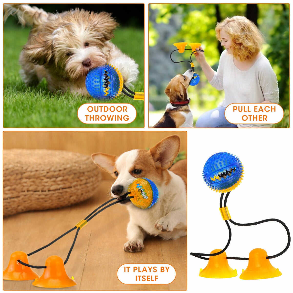 Dog Chew Toys Dog Rope Ball Pull Toy with Double Suction Cup Multi-functional Interactive Dog Tug of War Toy, Pet Aggressive Chewers with Teeth Cleaning and Food Dispensing