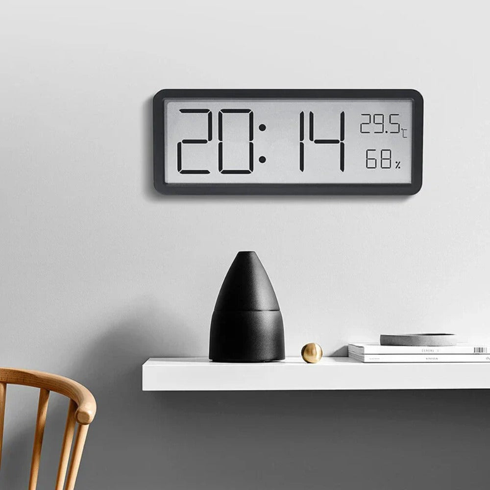 LCD Digital Wall Clock with Temperature, Humidity, and Time Display - Battery Powered Desktop Clock