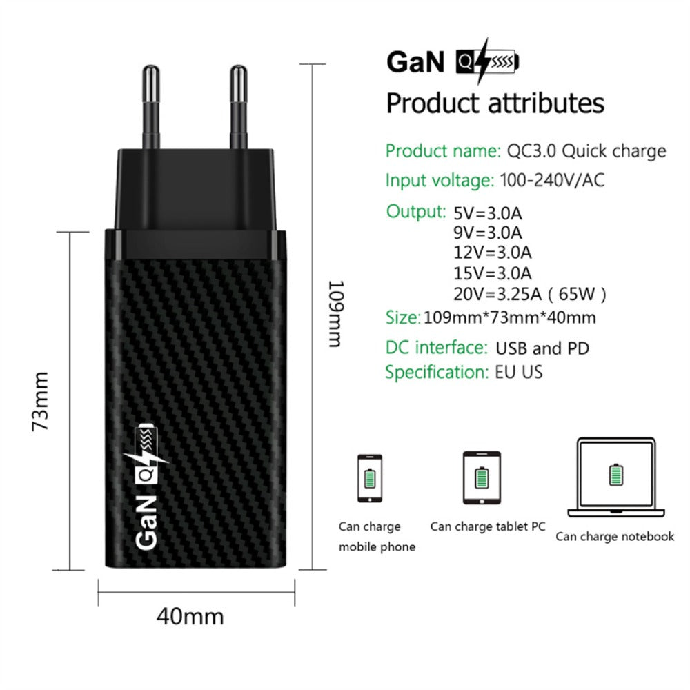 GaN Tech PD65W 2-Port USB-C+USB-A Fast Charger EU Plug for iPhone, Hui, Samsung, Xiaomi