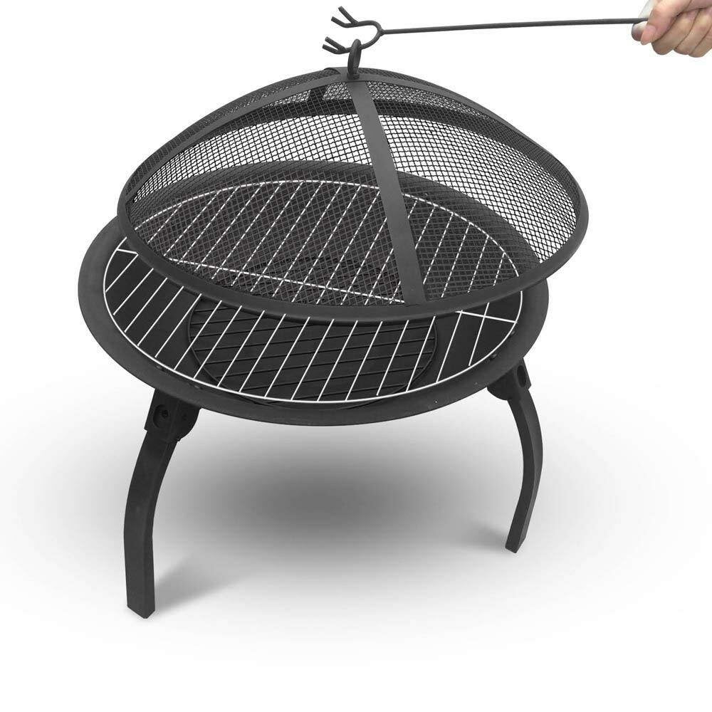 22inch Folding Steel Fire Pit BBQ Grill Round Fire Bowl Lightweight with Log Grate Mesh Cover BBQ Stove for Camping Picnic Bonfire Patio Garden