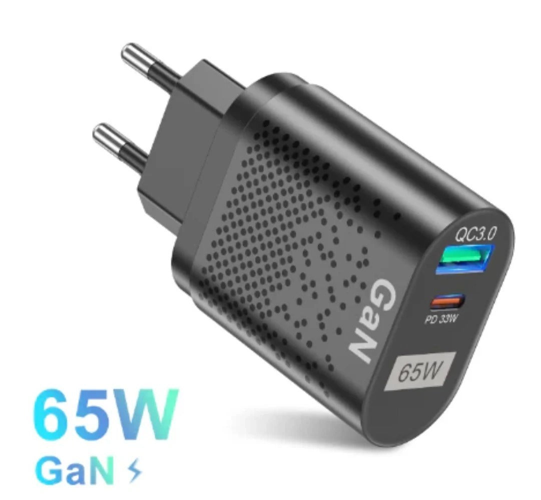 65W GaN Wall Charger, 33W USB-C PD PPS, 33W USB-A QC3.0 Fast Charging for iPhone, iPad, Samsung, MacBook Air