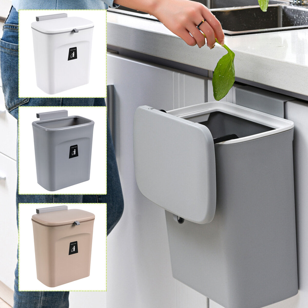 9L Cabinet Door Hanging Trash Can Slide Cover Garbage Bin Waste Storage for Kitchen Bedroom