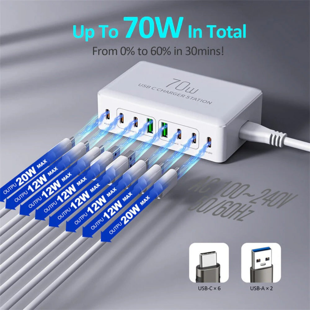 70W 8-Port USB PD Charger, 2 USB-A + 6 USB-C, Fast Charging Station for iPhone, Hui, Xiaomi, Samsung