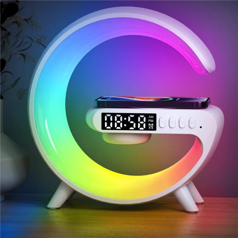 Wireless Charger Stand Speaker with RGB Night Light, Alarm Clock, Fast Charging for iPhone Samsung Xiaomi