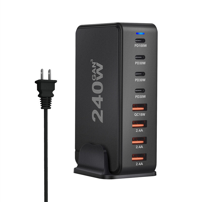 240W 8-Port GaN USB PD Charger, 4 USB-A + 4 USB-C, Fast Charging for iPhone, Hui, Samsung