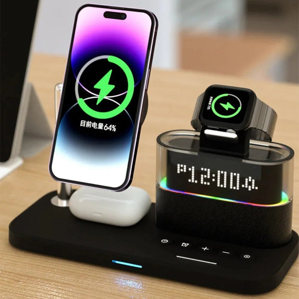 5-in-1 15W Magnetic Wireless Charger with Night Light & Alarm Clock for iPhone, Hui, Xiaomi, Earphones, Smart Wristbands