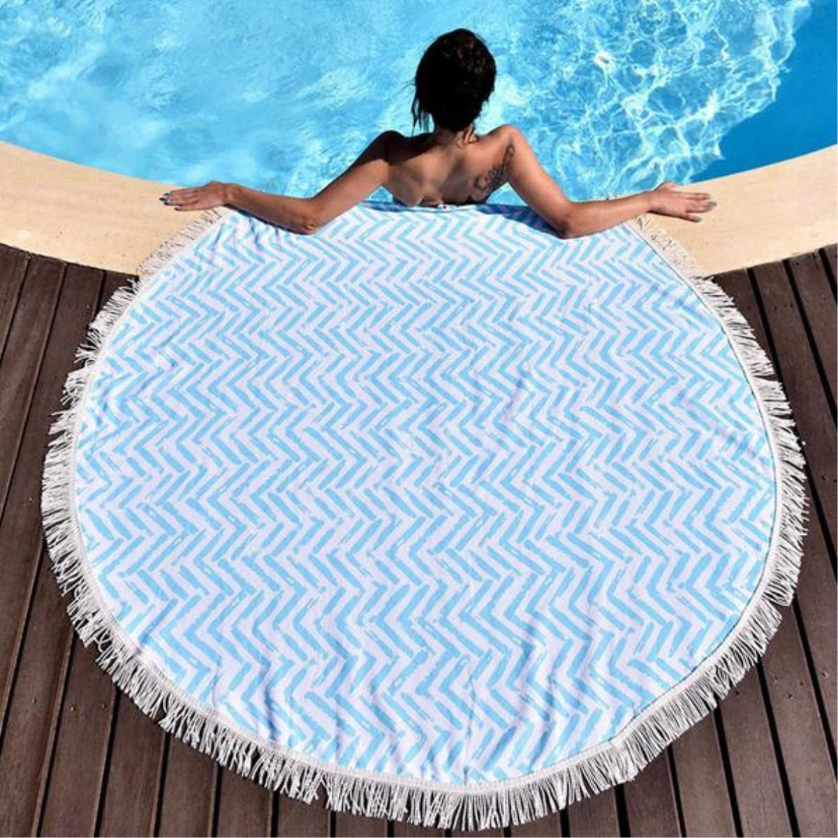 150CM Cotton Blue Stripe Round Summer Beach Tapestry Towel Tassels Blanket Fitness Yoga Mats
