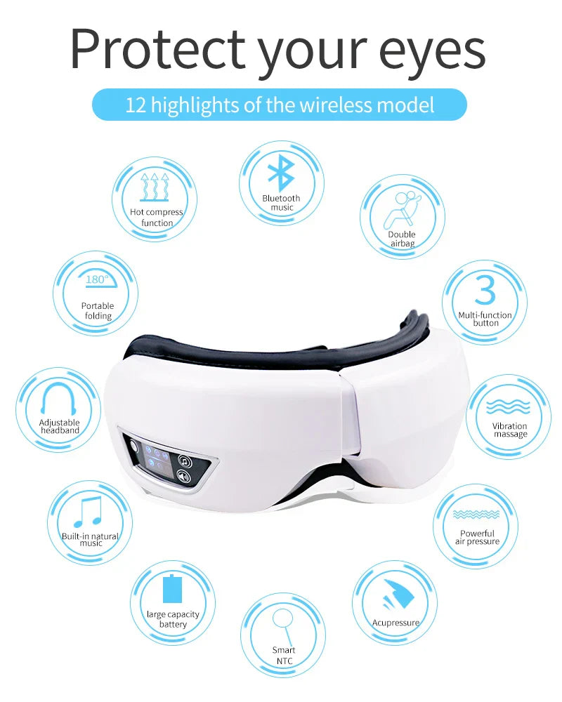 Foldable Eye Massager with Heat, Vibration, Airbag Pressure, Bluetooth Music - Relieves Fatigue
