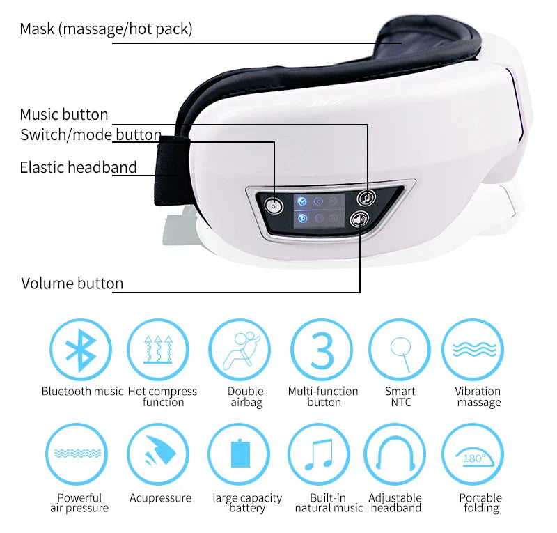 Foldable Eye Massager with Heat, Vibration, Airbag Pressure, Bluetooth Music - Relieves Fatigue