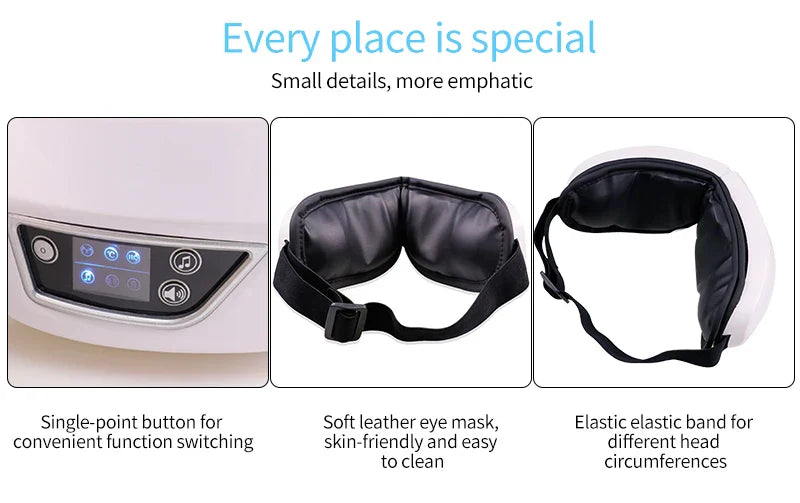 Foldable Eye Massager with Heat, Vibration, Airbag Pressure, Bluetooth Music - Relieves Fatigue