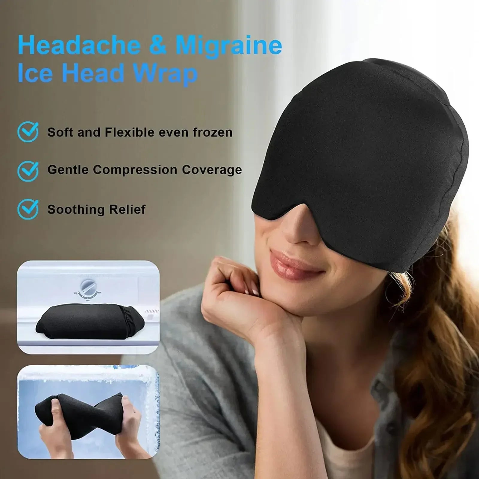 Migraine Relief Hat - Gel Ice Cap for Headache, Hot & Cold Therapy, Pain Relief, Includes Eye Mask