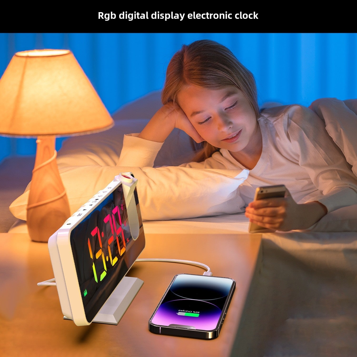 RGB LED Projection Alarm Clock: 180° Projector, 11 Colors, Mirror Surface, USB Charger, Adjustable Brightness - Bedroom/Living Room