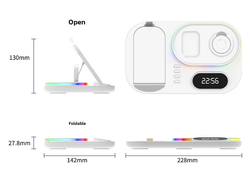 15W 4-in-1 Wireless Charger with Clock & RGB Lights for iPhone, Samsung, AirPods, Apple Watch