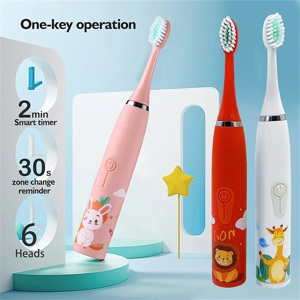 Kids Cartoon Sonic Electric Toothbrush Set with Replacement Heads - Portable Dental Cleaning Device