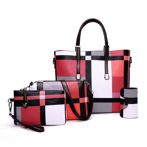 4PCS PU Leather Fashion Lattice Shoulder Bag Set For Female