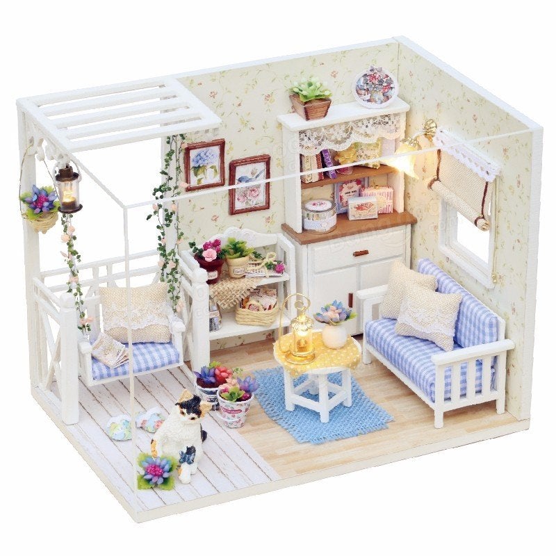 Miniature DIY Kit With LED Light Cover Wood Toy Doll House Room Kitten Diary