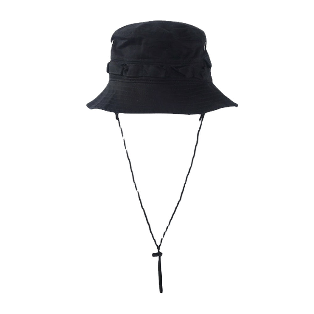 Unisex Cotton Solid Color Adjustable Windproof Rope Sunshade Bucket Hat