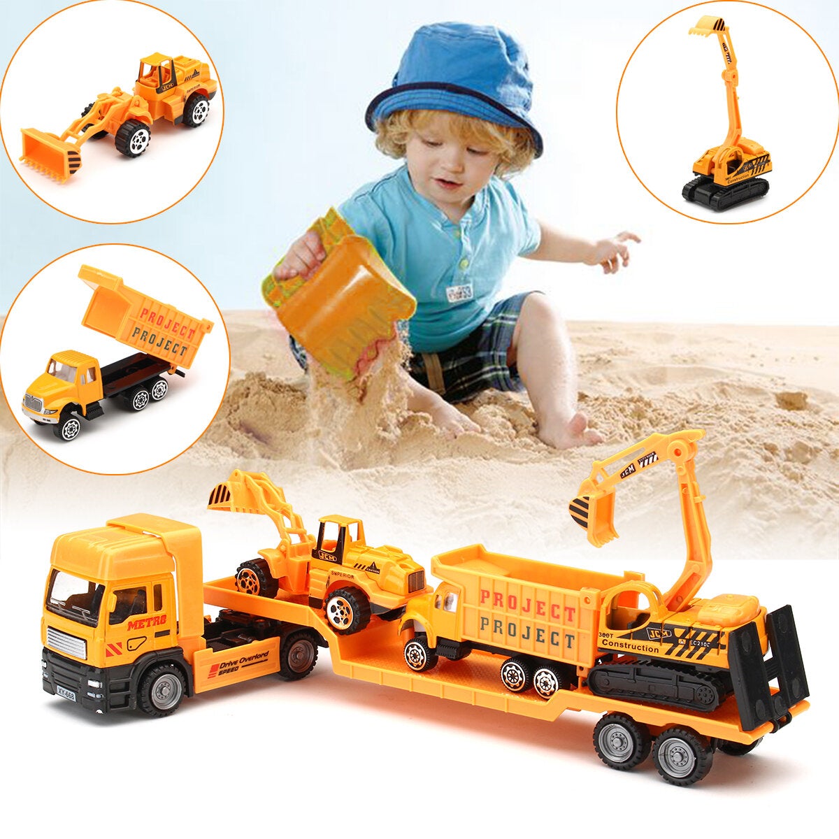 4in1 Kids Toy Recovery Vehicle Tow Truck Lorry Low Loader Diecast Model Toys Construction Xmas