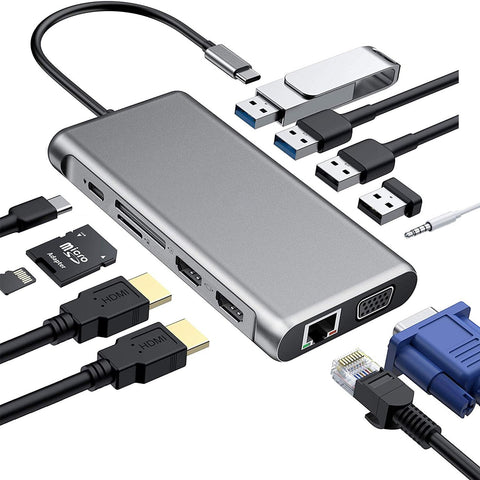12 In 1 Triple Display USB-C Hub Docking Station Adapter With Dual HDMI 4K HD Display VGA Gigabit RJ45 Network