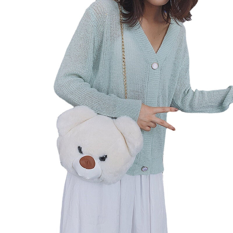 Women Cute Plush Bear Chains Shoulder Bag Crossbody Bag