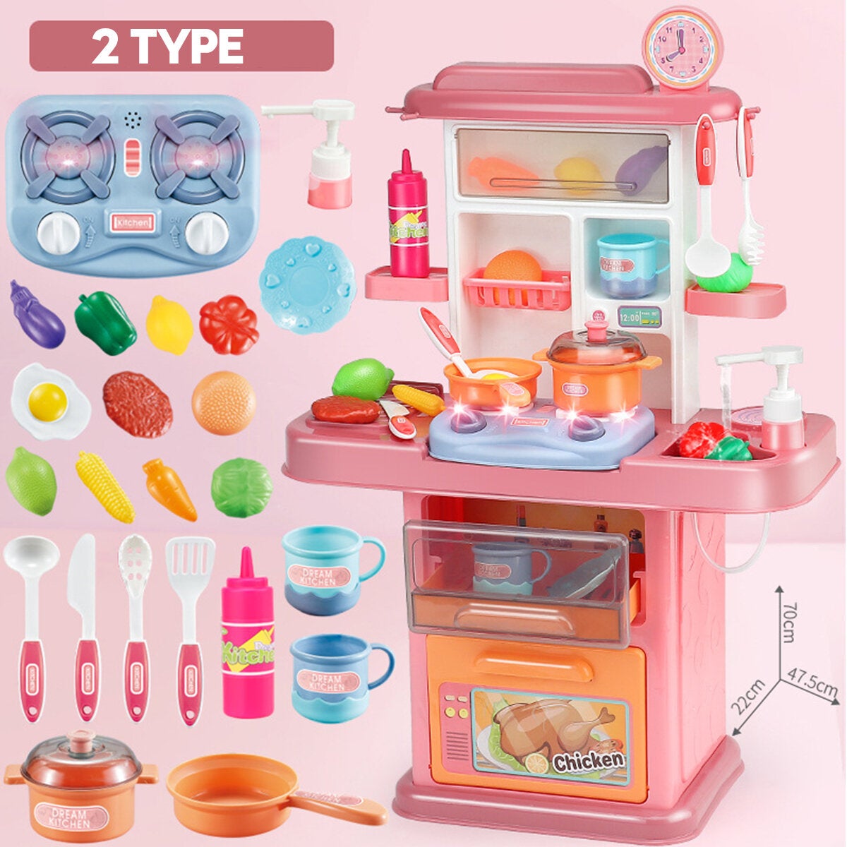 Dream Kitchen Role Play Cooking Children Tableware Toys Set with Sound Light Water Outlet Funtion