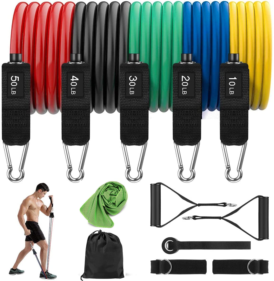 150 LBS Exercise Resistance Bands Set and Instant Cooling Fitness Towel 12Packs