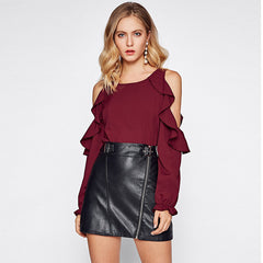 Women's Round Neck Off-shoulder Shirt Long-sleeved Ruffled Top