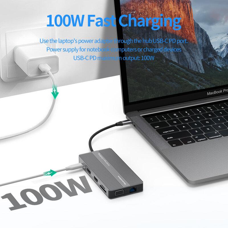 12-In-1 USB Type-C Hub Docking Station Adapter With Dual 4K HDMI Display USB-C Data Transfer