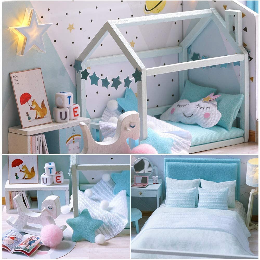 Creative DIY Handmade Assemble Doll House Miniature Furniture Kit with Music Movement LED Effect Dust Proof Cover Toy for Kids Birthday Xmas Gift House Decoration