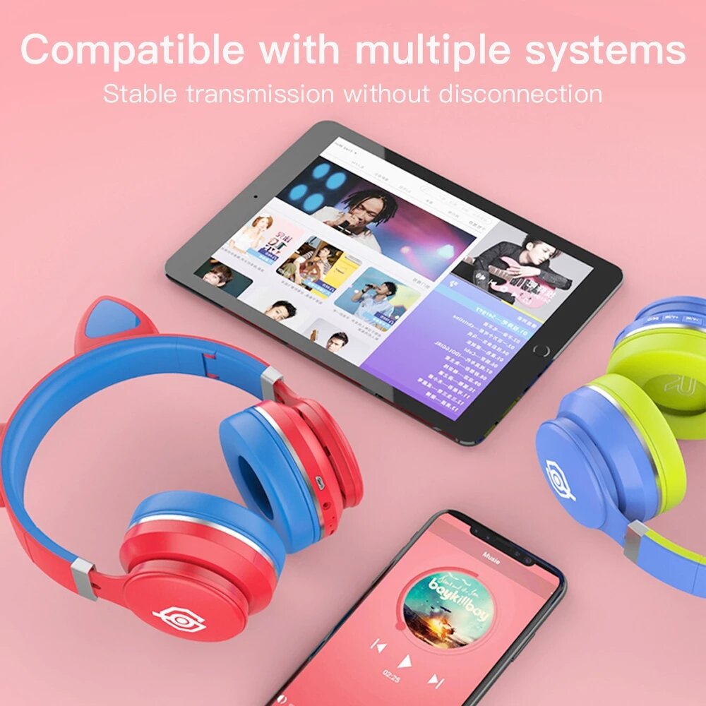 LED Over-Ear Headphones Noise Cancelling Headset bluetooth 5.0 Wireless Kids Headset Support TF Card 3.5mm Plug With Mic
