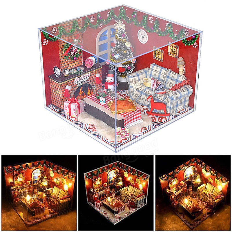 DIY Wooden Doll House Furniture Kits LED Light Miniature Christmas Room Puzzle Toy Gift Decor