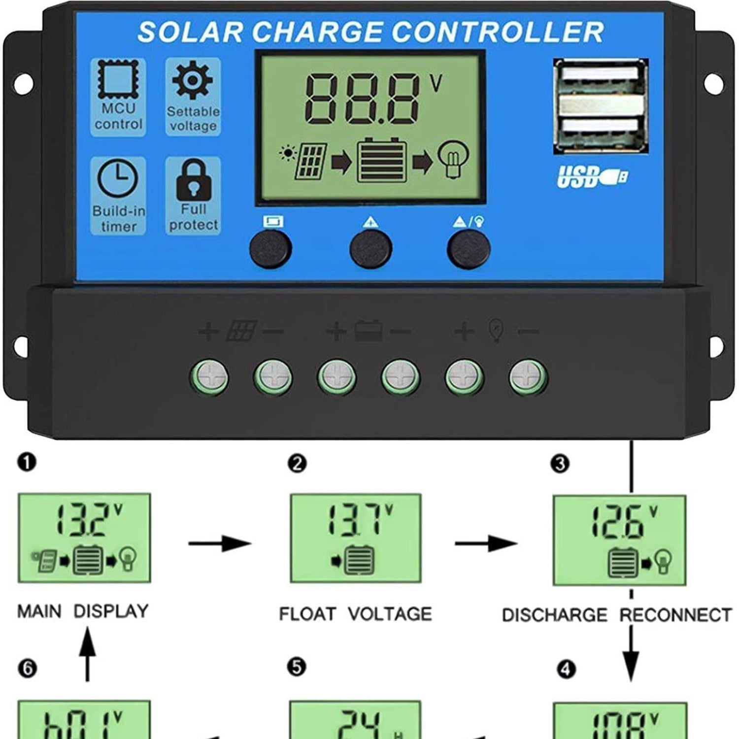 Multi-Function Adjustable LCD Display Solar Panel Charger Controller 12V/24V