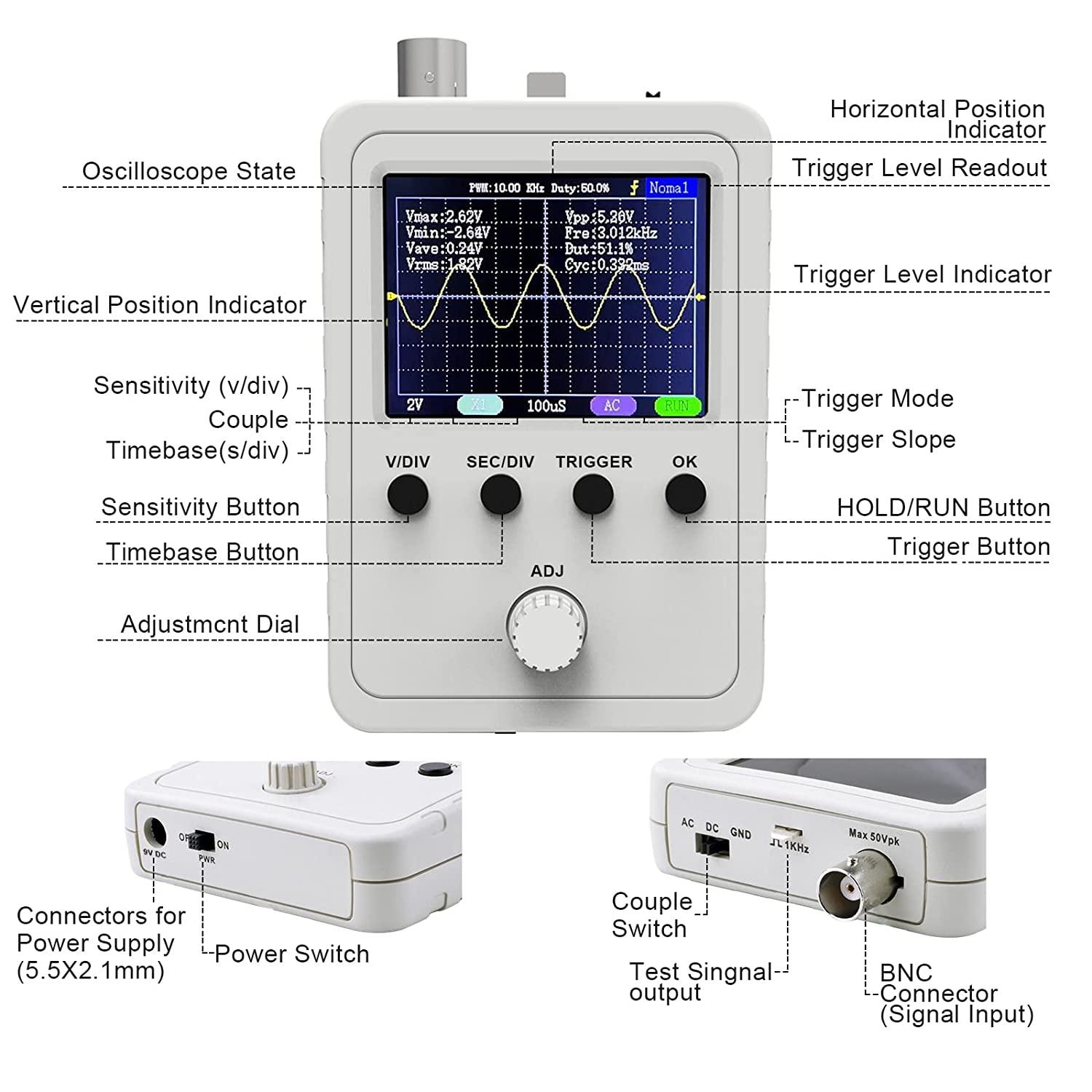 2.4" TFT Digital Oscilloscope Kit With Power Supply And BNC-Clip Cable Probe Q15001