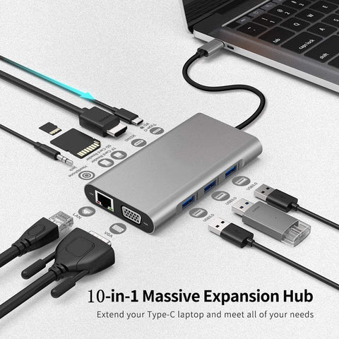 10-in-1 USB-C HUB Docking Station Adapter With USB-C PD 100W Power DeliveryHDMIMemory Card Readers3.5mm Audio