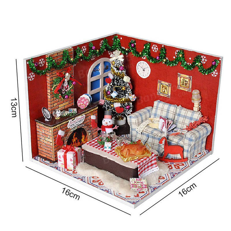 DIY Wooden Doll House Furniture Kits LED Light Miniature Christmas Room Puzzle Toy Gift Decor