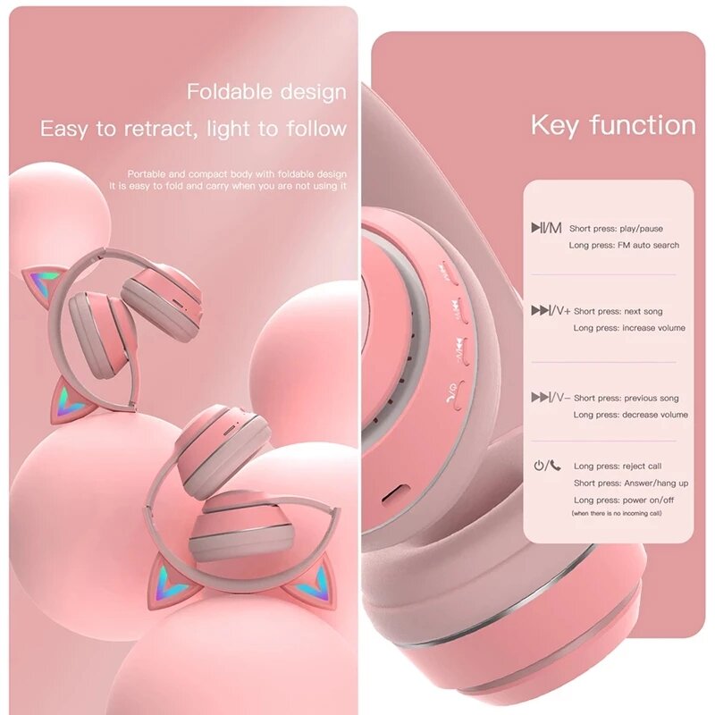 LED Glowing Cat Ears Earphone Wireless Foldable Headphones HiFi Stereo bluetooth With HD Microphone